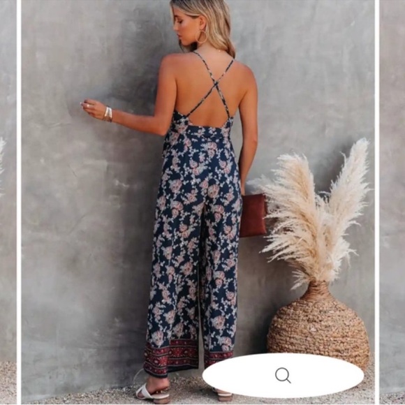 VICI Sully Printed Wide Leg Bell Bottom Floral Boho Open Sexy Low Back Jumpsuit - Picture 3 of 4